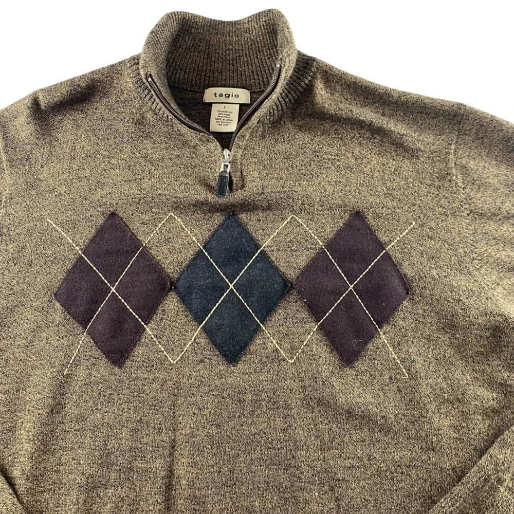 Tagio Mens‎ Argyle Quarter Zip Sweater Brown Wool Blend Marled Pullover Large